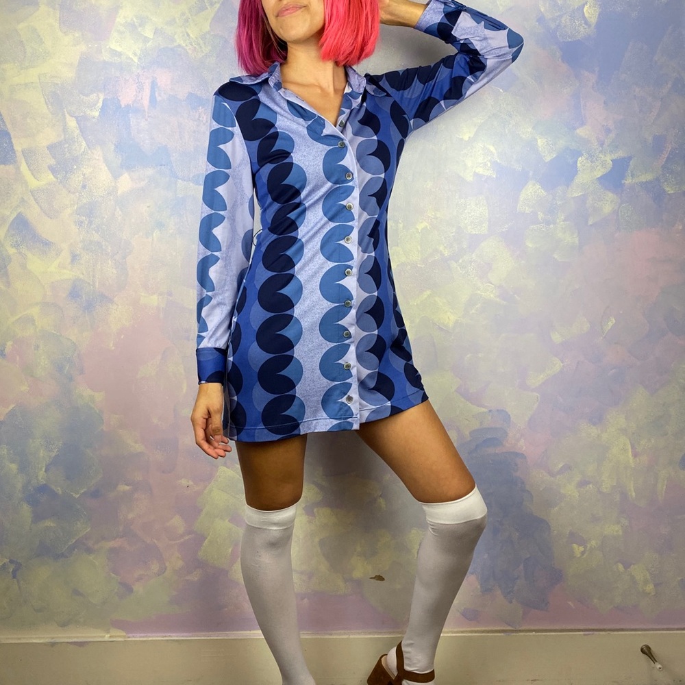 Blue monochromatic button up mini dress